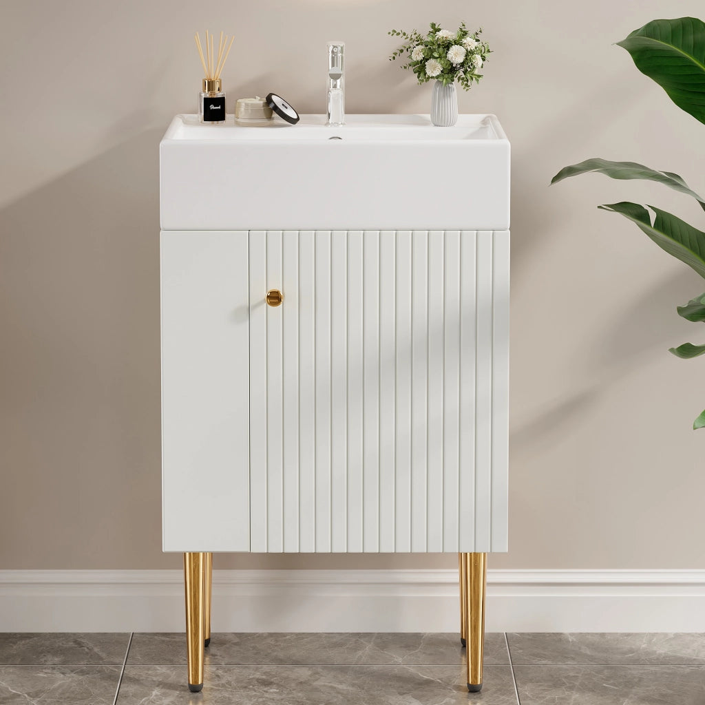 Mobile sottolavabo con lavabo in ceramica e ripiani laterali, per bagni piccoli, bianco, 68,5 × 52,6 × 32,28 cm