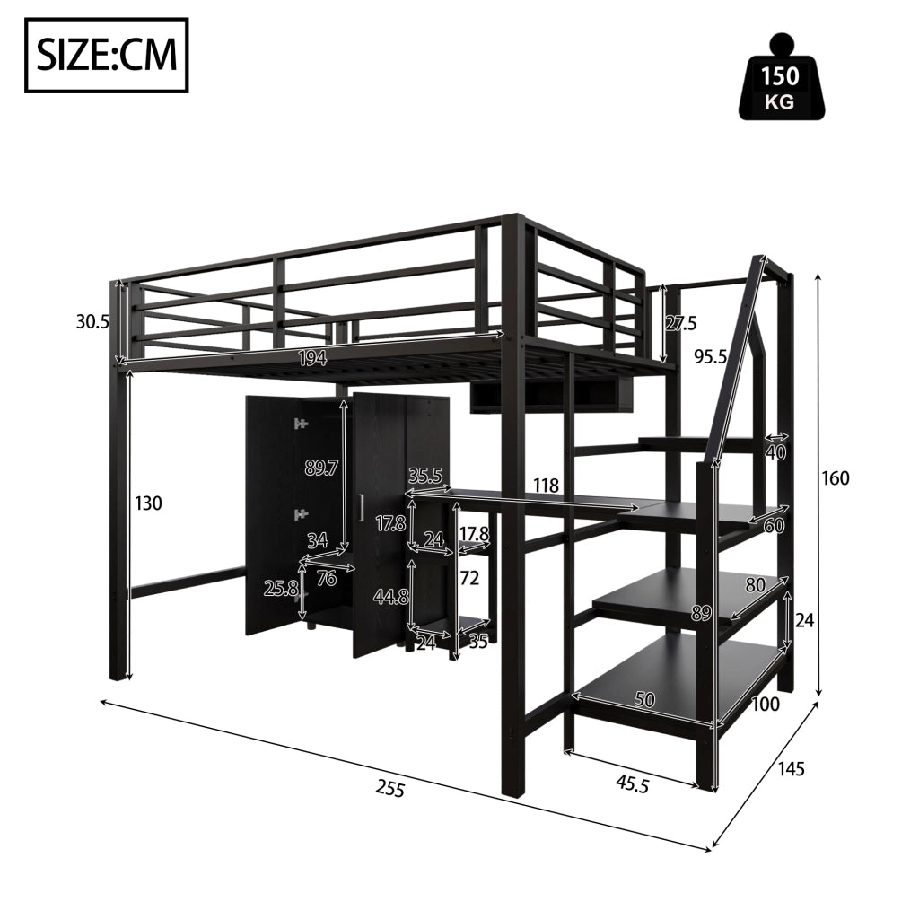 Letto a castello nero in metallo con scrivania armadio e scaffali 140x200 cm