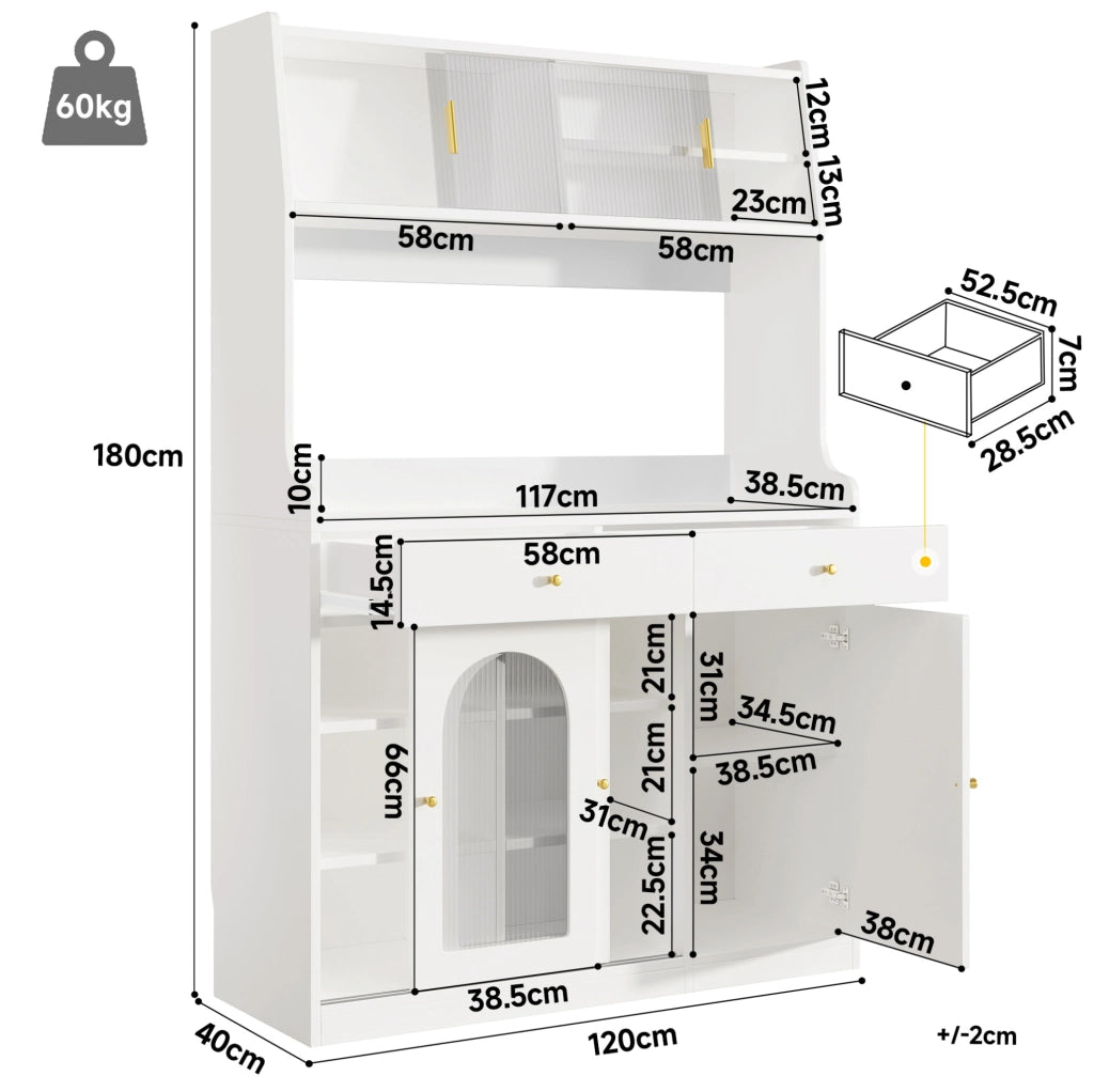 Credenza alta 120x40x180 cm con LED da app; ripiani regolabili e cassetti in MDF e PB bianco