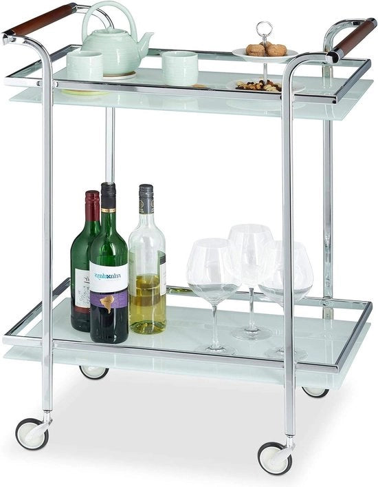 Carrello di servizio con piastrelle di vetro per latte - Due piani - Design aperto - Pneumatici deluxe - HBD 85x66x43 cm argento