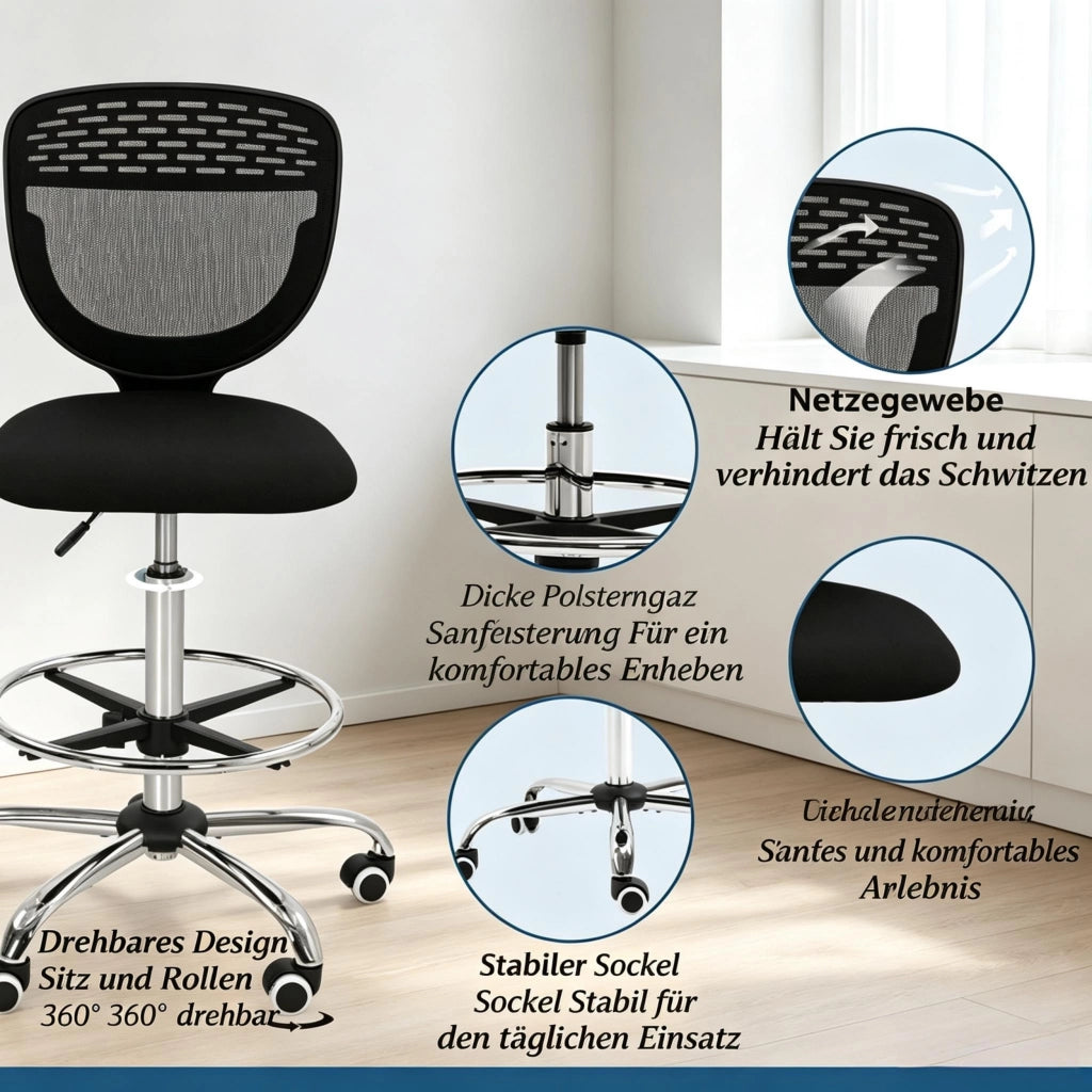 Sedia da ufficio ergonomica in rete nera, 1 pezzo, altezza regolabile 68-88 cm