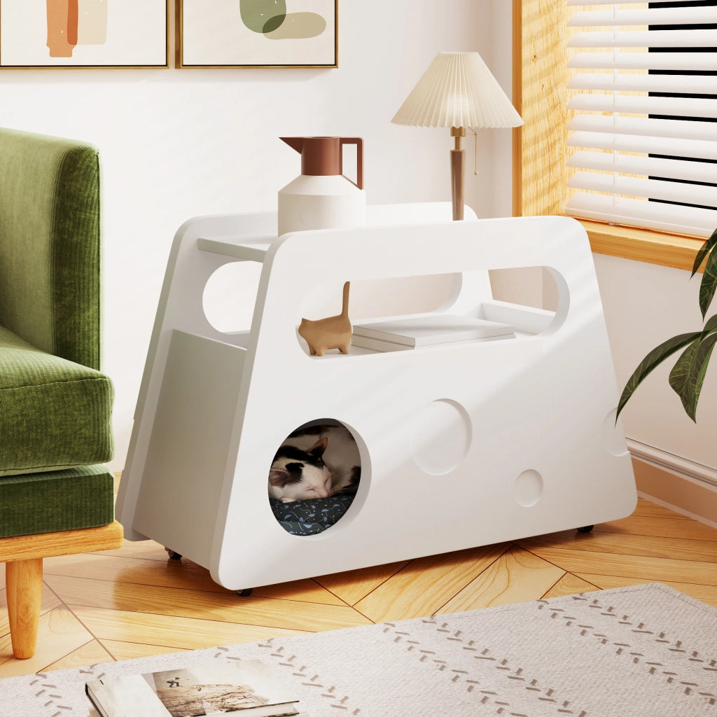 OKWISH Comodino con Ruote e Aperture Laterali, Angoli Arrotondati, per Camera da Letto, MDF, Bianco, 81 x 33 x 51.5 cm