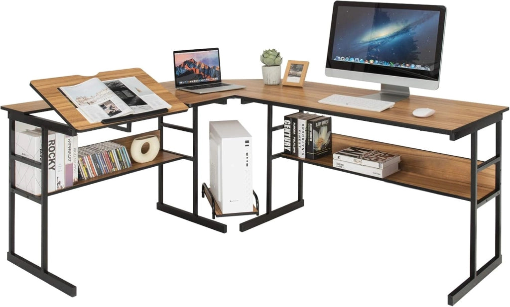 Scrivania Angolare 170 CM, Scrivania per Computer ad Angolo Moderna con Piano Inclinabile, Scaffale Inferiore e Supporto per CPU, Scrivania a Forma di L per Ufficio e Studio (Marrone)
