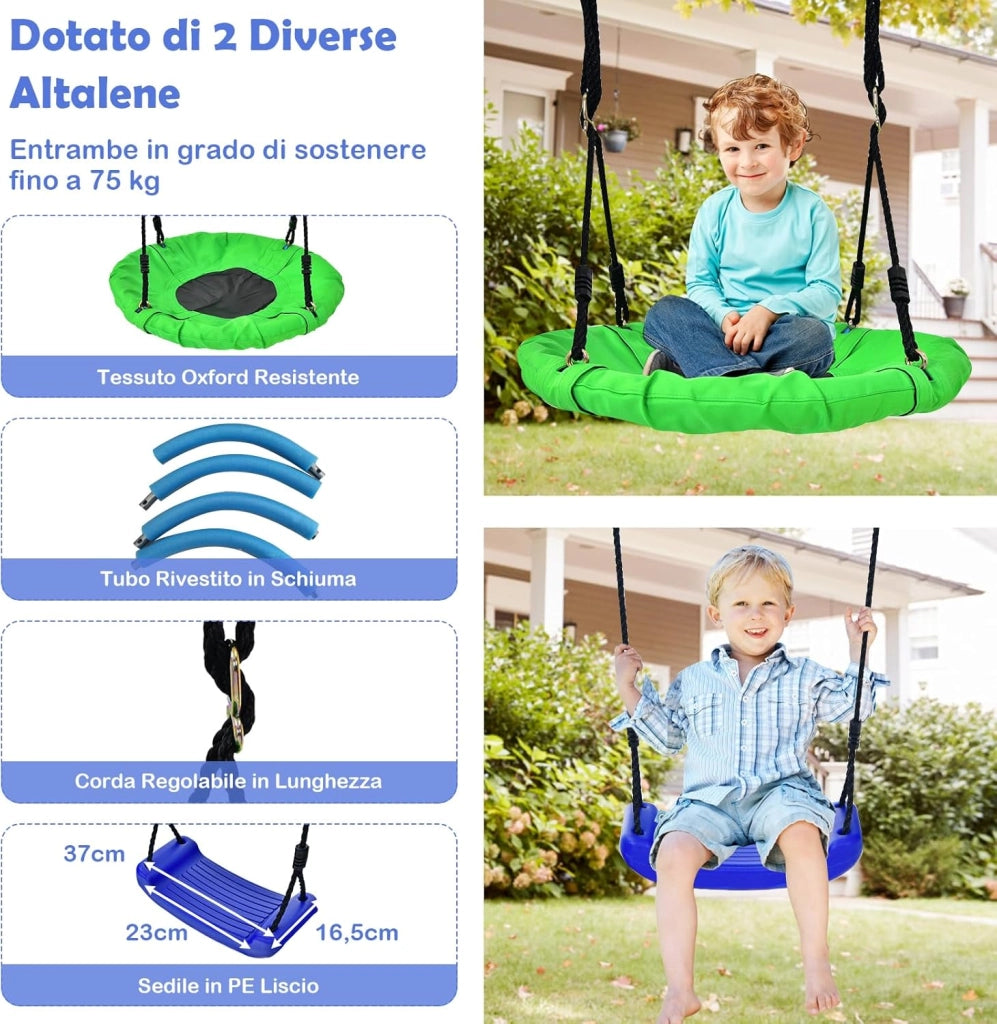 5 in 1 Set Altalena da Giardino per Bambini, con 2 Altalene, 1 Canestro da Basket, 1 Rete di Arrampicata, 1 Scala di Arrampicata, Ideale per Giardino Cordile e Parco Giochi