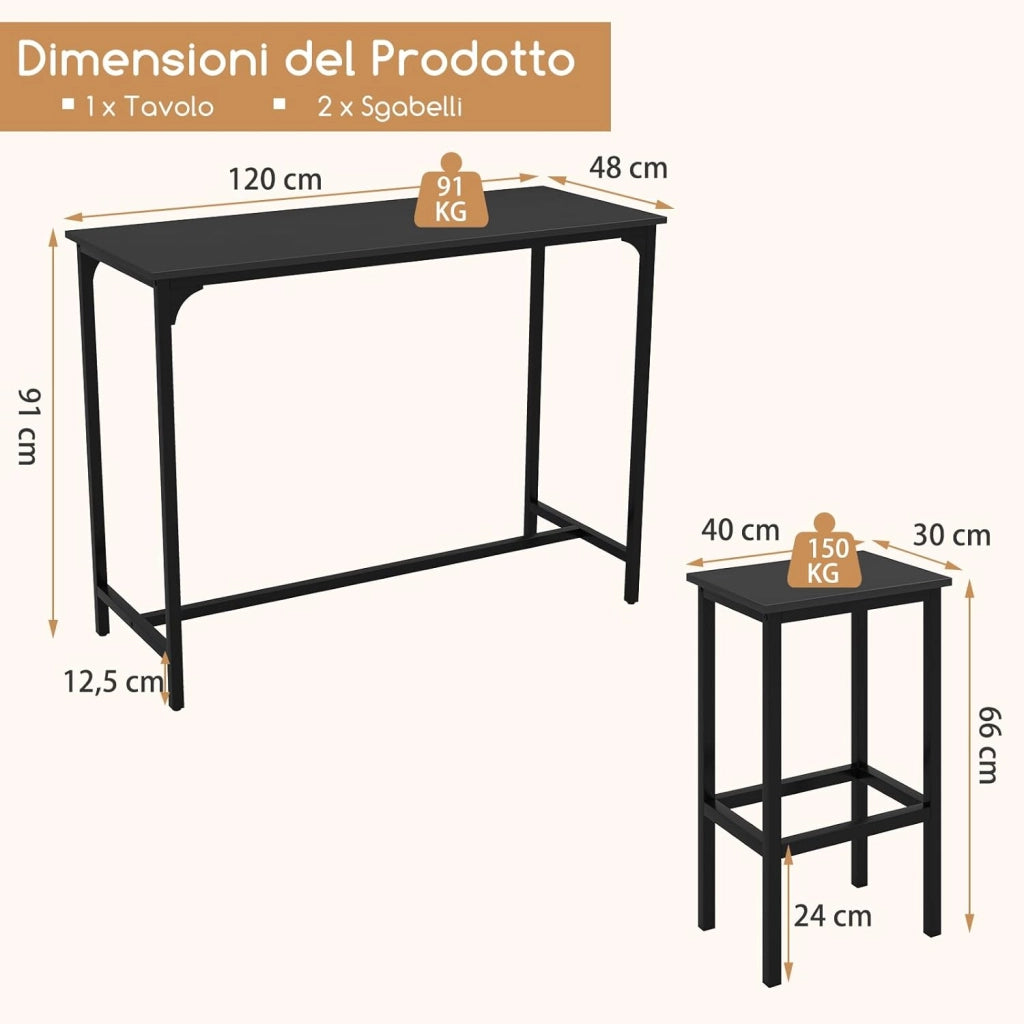 Tavolo con 2 Sgabelli in Metallo e Legno, Set da Pranzo 3 Pezzi, Tavolo Rettangolare da Cucina con 2 Sedie per Sala da Pranzo, Appartamento e Bistro, Stile Retrò (Nero)