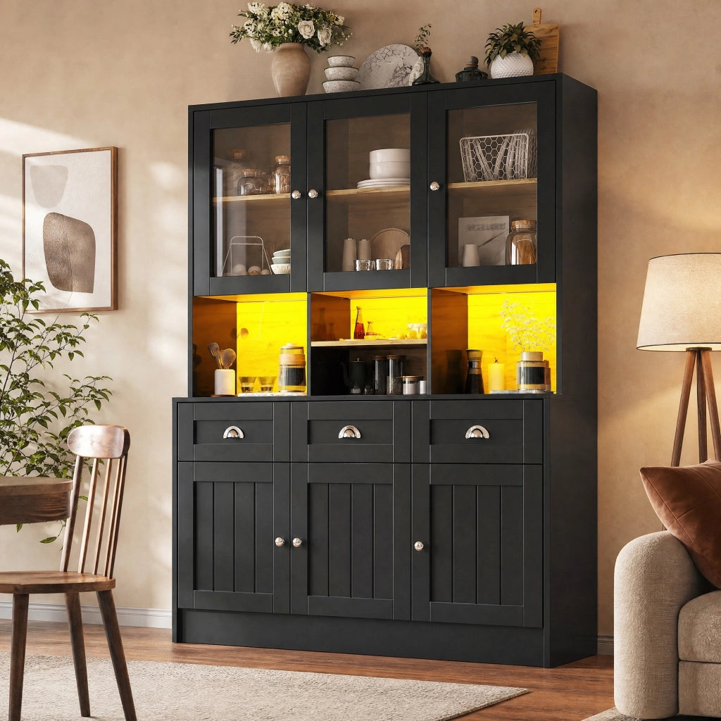 Mobile da cucina con LED, ante acriliche e cassetti nero