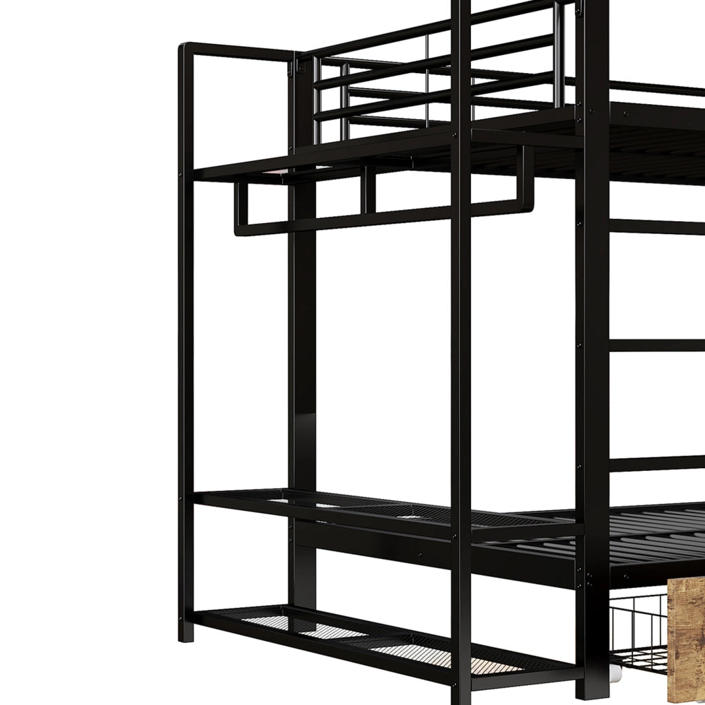 OKWISH Letto a Castello 140×200 cm, Letto Matrimoniale con 2 Cassetti, Mensole, LED Regolabile e Barra Appendiabiti, senza Materasso, Nero