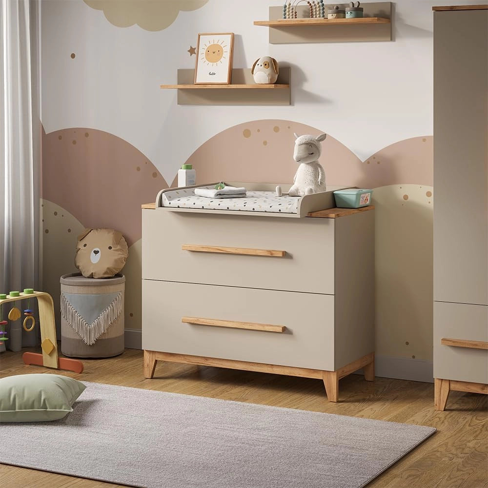 Fasciatoio Malia, Cashmere/Artigianale, 108 x 98 cm con 2 cassetti, con fasciatoio rimovibile per l'utilizzo come cassettiera