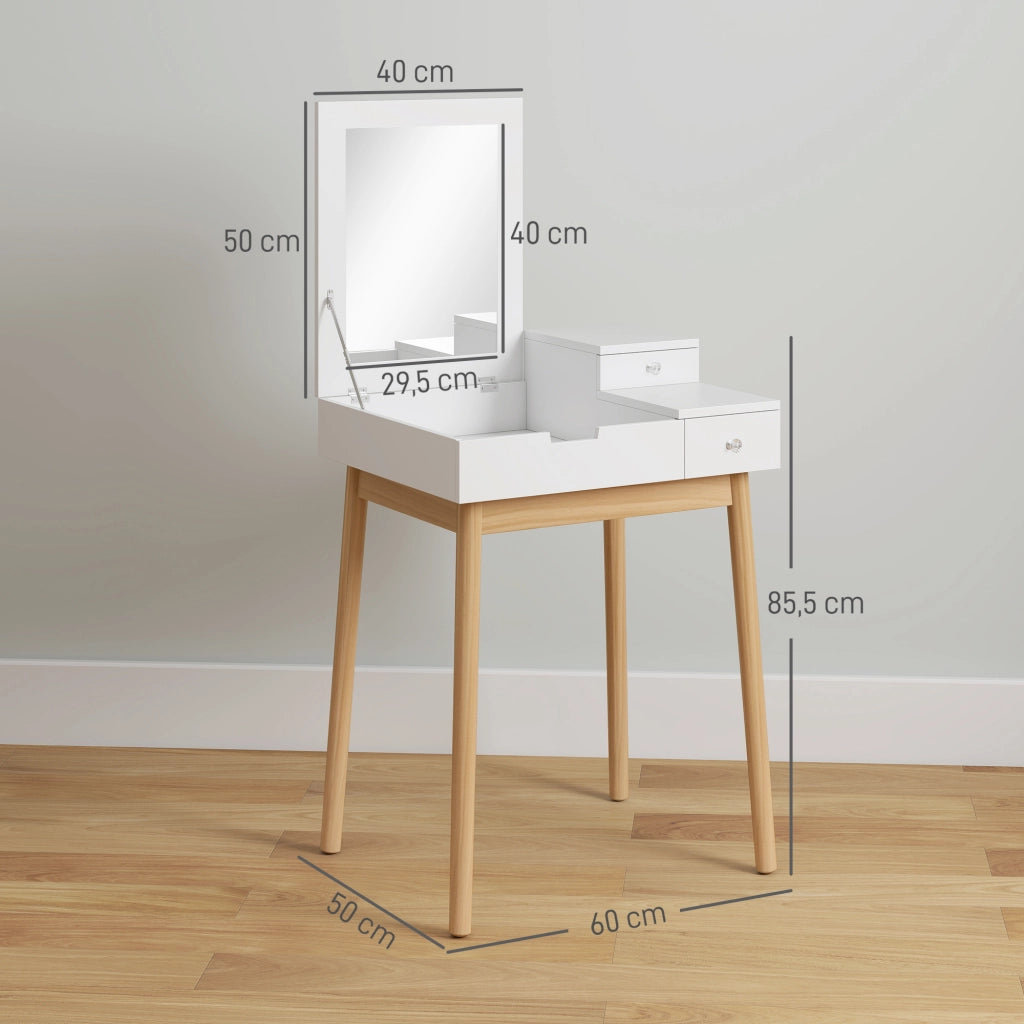 Mobile Toeletta con Specchio a Ribalta e 2 Cassetti Bianco per Camera da Letto e Salotto 60 x 50 x 85,5 cm