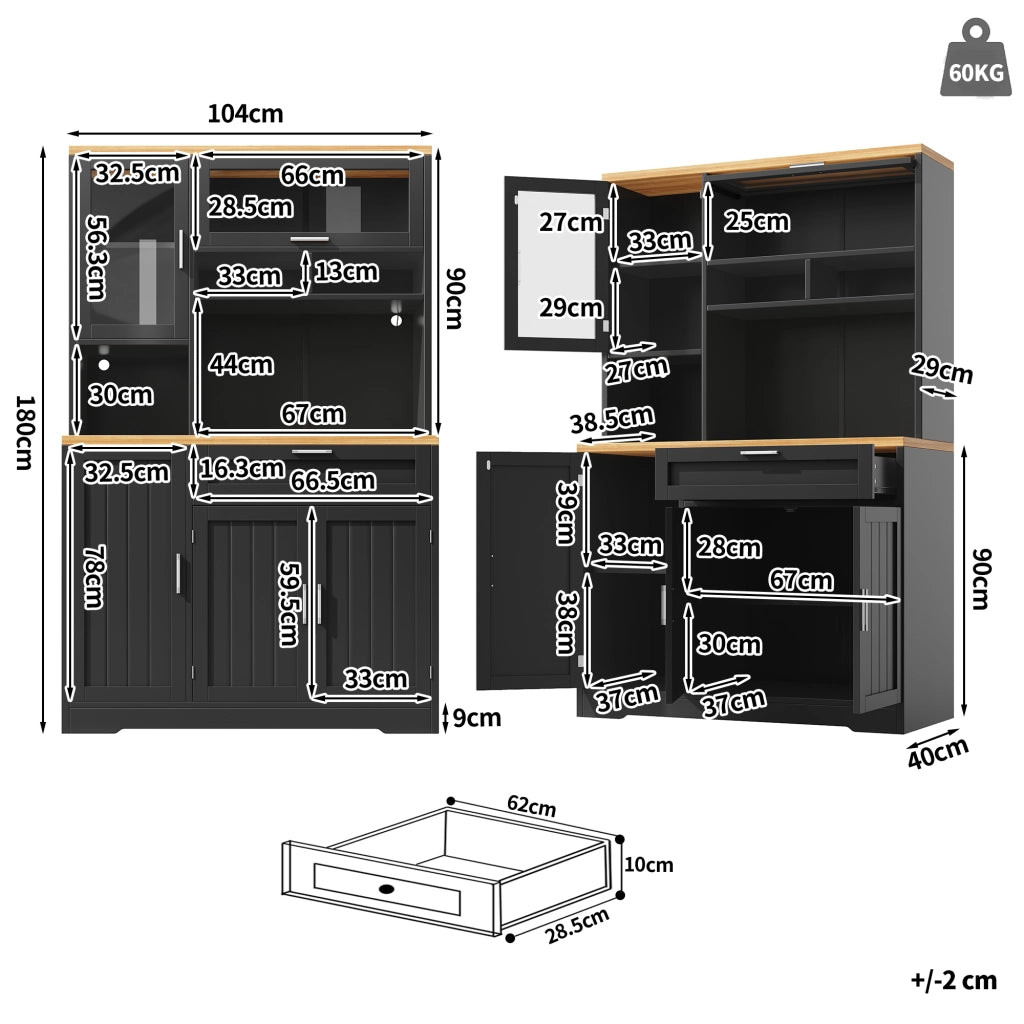 Credenza Alta da Cucina Vetrina con 5 Ante e 1 Cassetto; LED USB; in MDF e Metallo; Nero; 104x40x180 cm