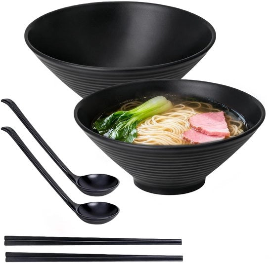 Set di 6 ciotole per Ramen - Spiedini e cucchiai - Temperato - 1100 ml - Nero Melamina
