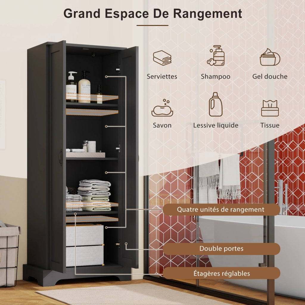 Armadietto da bagno con 2 ante, 4 ripiani regolabili e chiusura soft-close, per bagno, nero, 56 × 40 × 170 cm