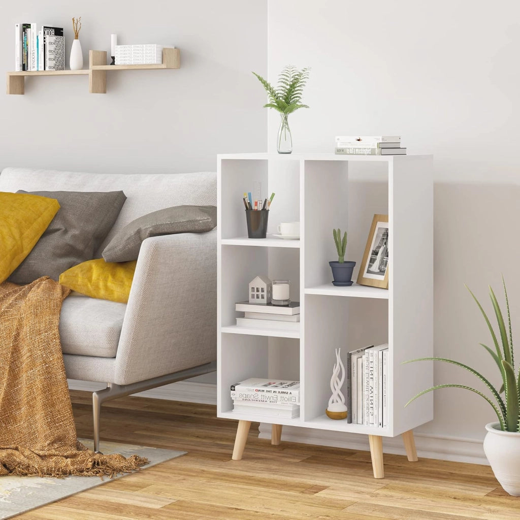 Libreria da Parete con 5 Vani Portaoggetti a Giorno, Scaffale Moderno Autoportante Salvaspazio per Soggiorno, Camera da Letto, Ufficio, Bianco, 60x95x30cm, SK011ws