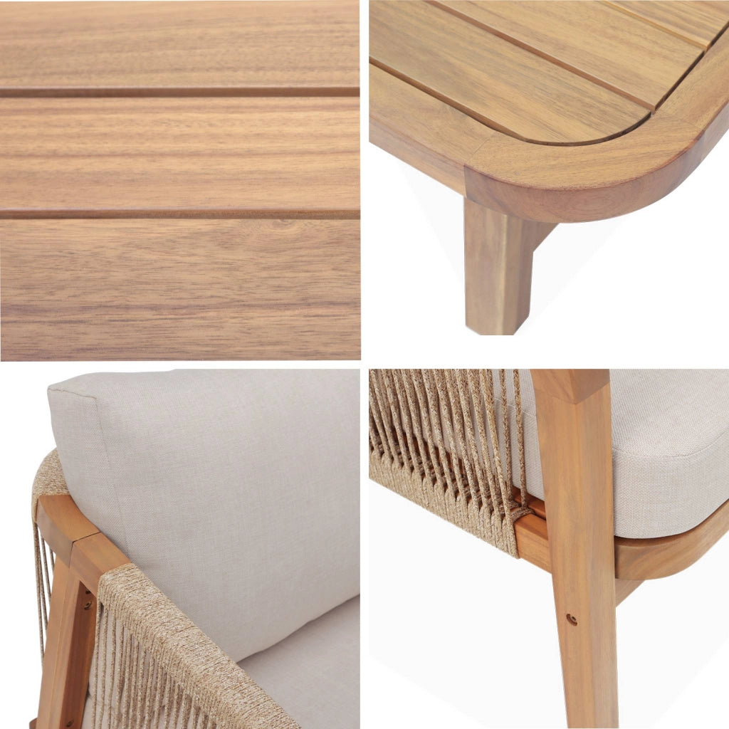 Salotto da giardino in legno e corda, 5 posti, beige