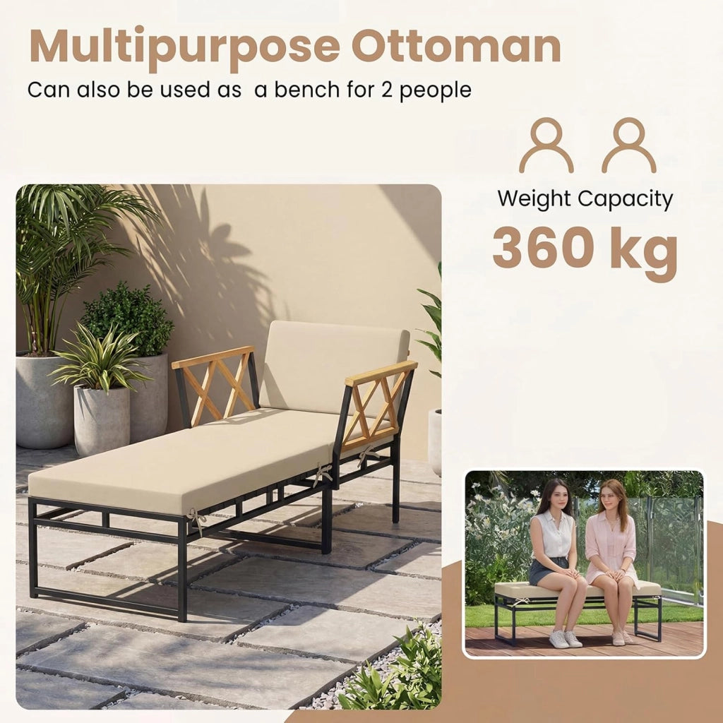 Sedia a sdraio da giardino con cuscino, lettino da esterno 2 in 1, 1 poltrona + 1 panchina, carico totale 180+360 kg, bagno di sole, design ergonomico, 175 x 55 x 66 cm, per terrazza e