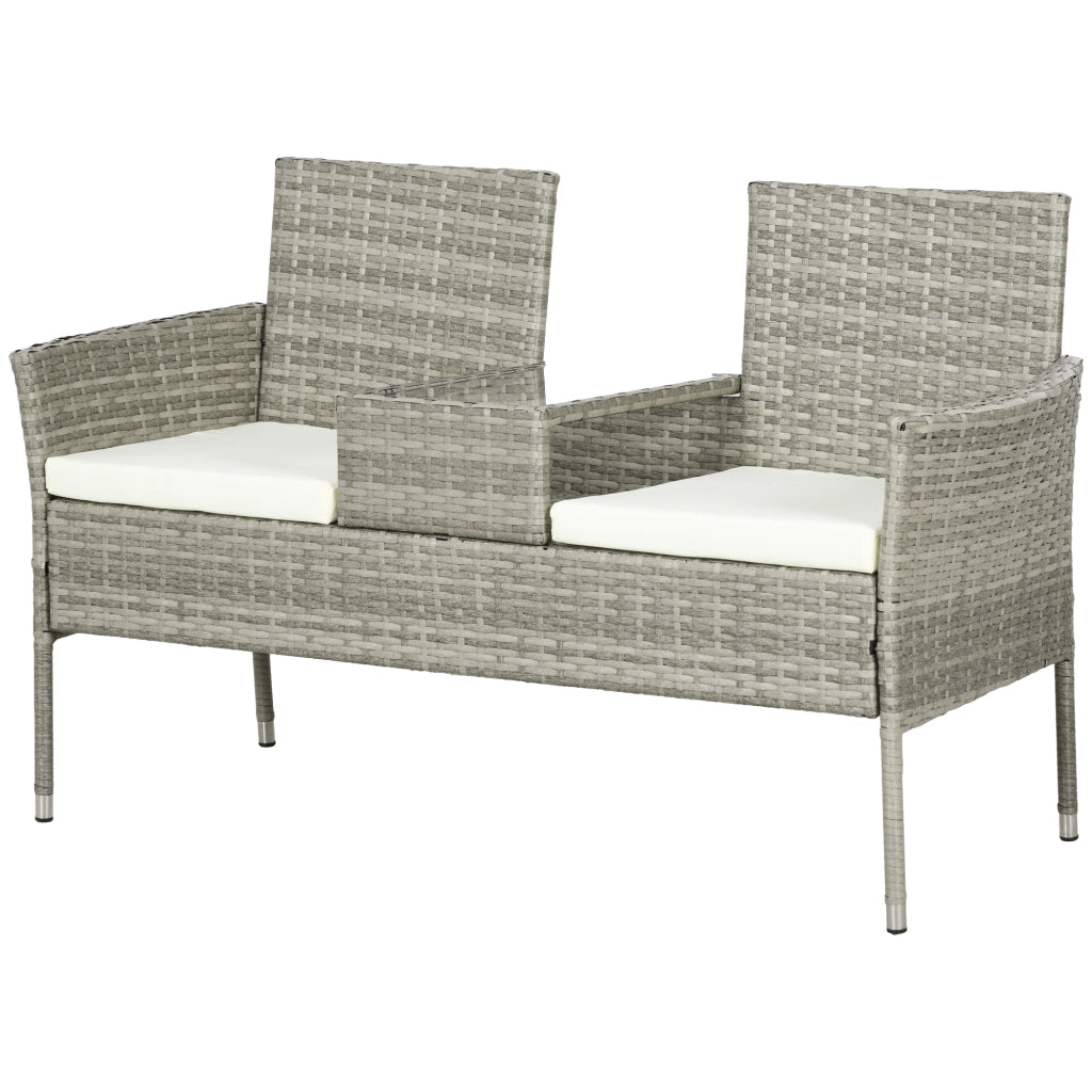 Divanetto per Esterni 2 Posti con Tavolino da Caff¨¨, in Acciaio e Rattan PE, 137x59x82 cm, Grigio e Crema
