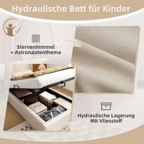 Letto singolo per bambini 90x200 cm - Xylo - Beige, motivo astronauta, imbottito in PU
