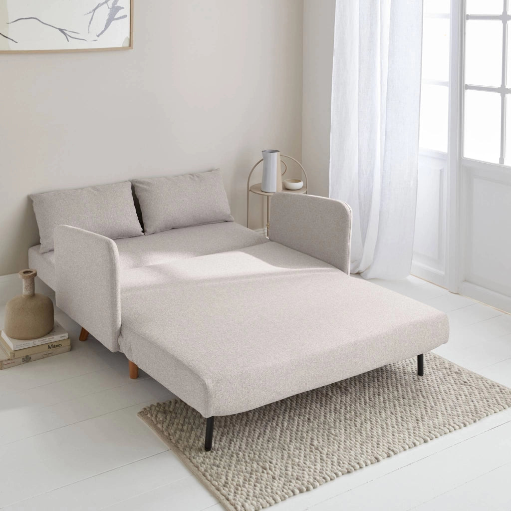 Divano letto clic-clac in tessuto con gambe in legno, 2 posti, beige