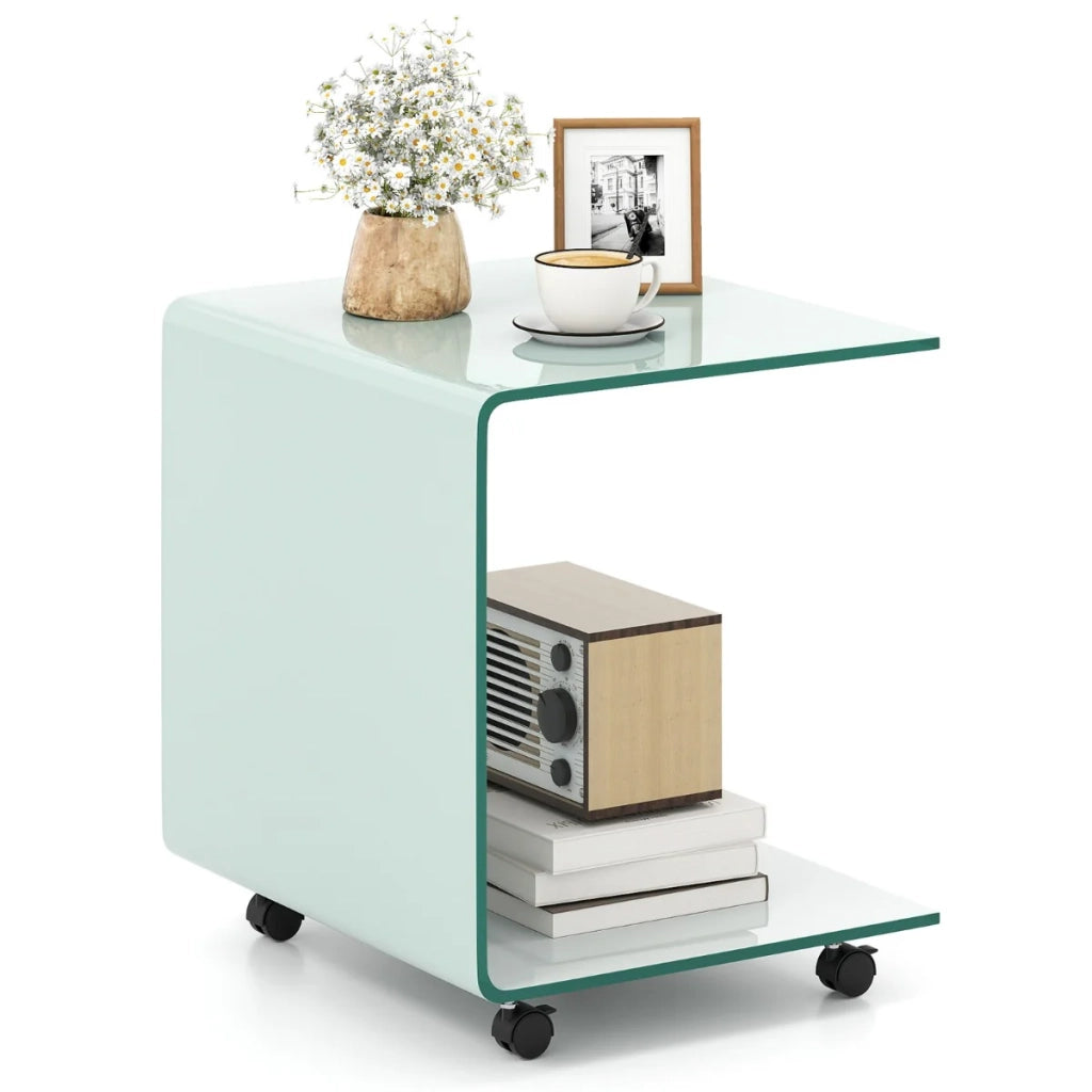 Tavolino laterale a forma di C 40 x 45 x 48 cm con ruote bloccabili design moderno in vetro temperato bianco 20_0018417