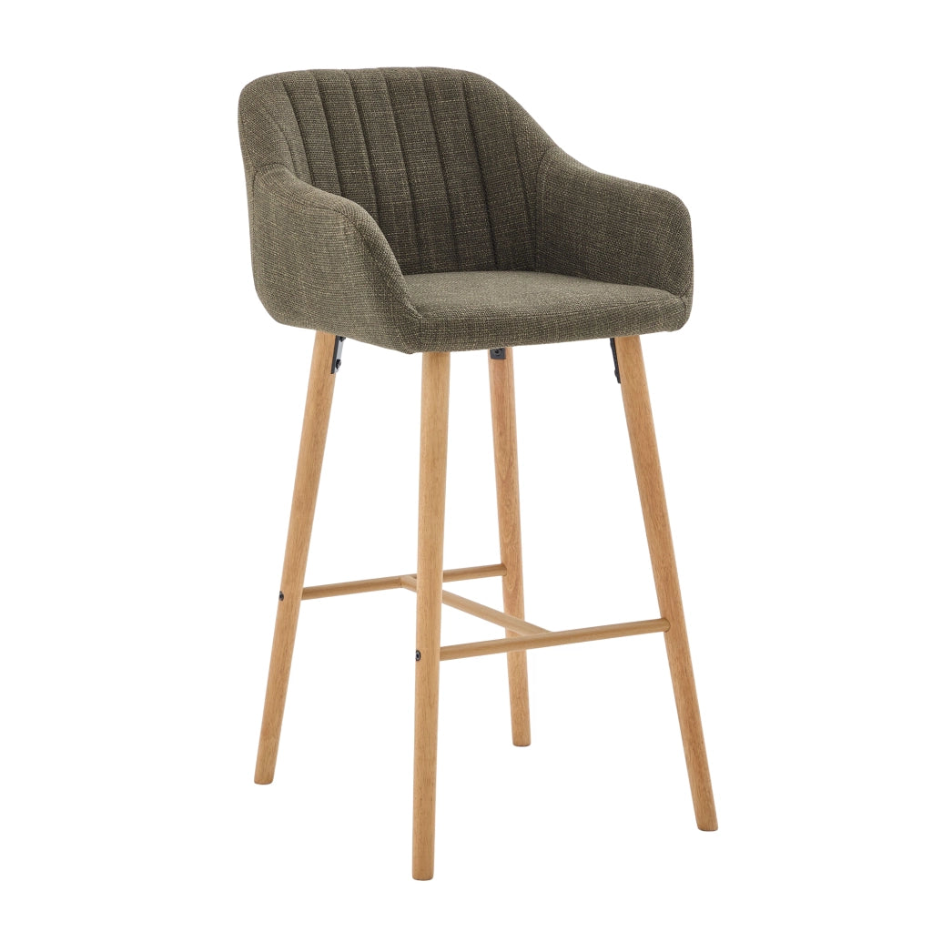 Sgabello da bar set da 2 con schienale alto e braccioli in lino verde e gambe in legno per cucina con poggiapiedi