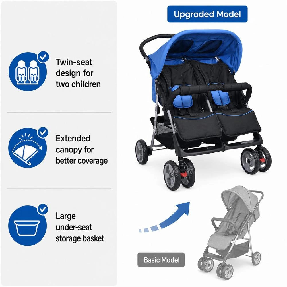 Twin Stroller, Steel, Blue And Black