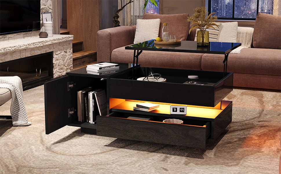 TAVOLINO DA SALOTTO 95x50x40 cm Nero Lucido sollevabile con LED e 1 cassetto