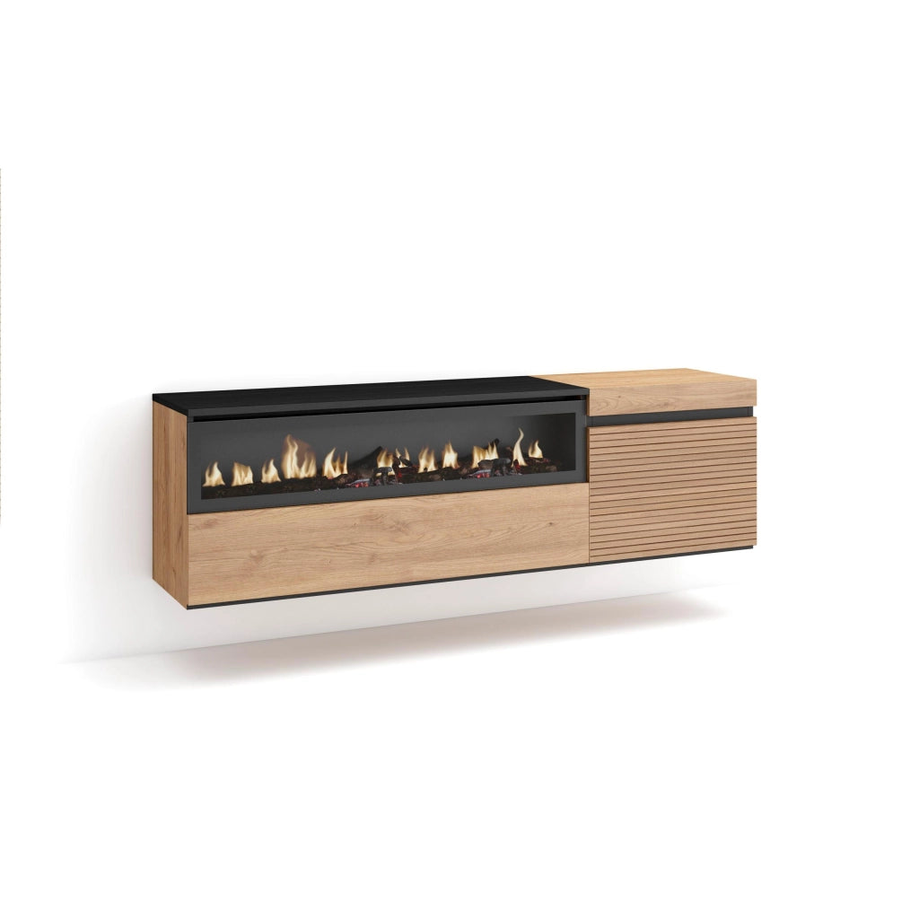Mobile TV Soggiorno, 150x35x45cm, Per TV fino a 65", Camino elettrico, da appendere, colore Rovere RF3304