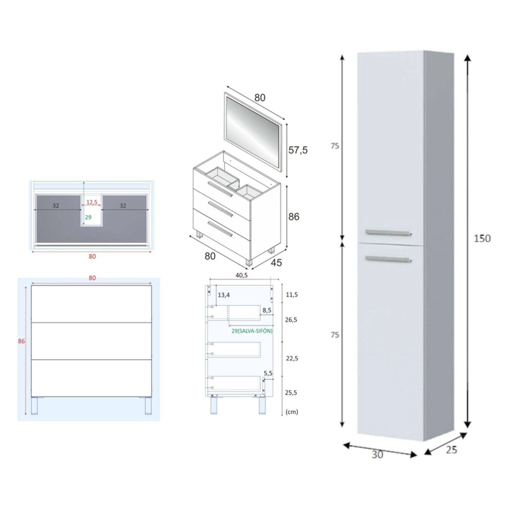 Berici, set Mobili Bagno Specchio Incluso, Bianco Lucido