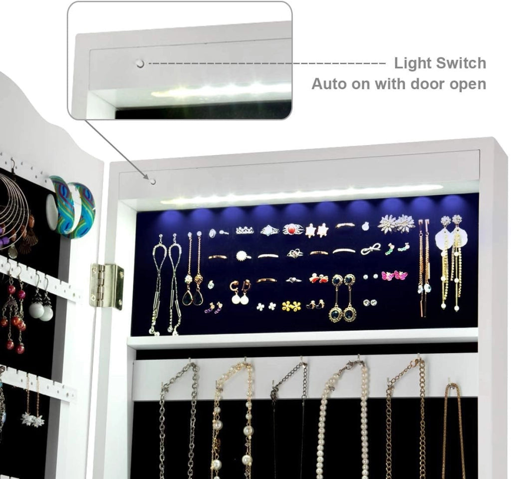 Armadietto per Gioie, Portagioie Verticale, Armadietto con 14 Luci a LED, Specchio Regolabile in Altezza, Armadietto con Specchio, Supporto Triangolare, Legno (bianco)