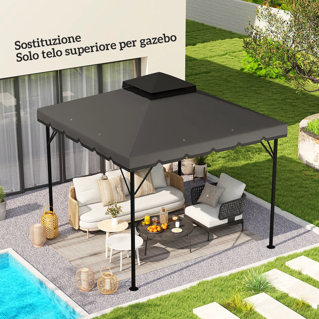 Copertura per Gazebo 3x3 m a 2 Livelli con 8 Fori di Drenaggio, in Poliestere Grigio Chiaro e Scuro