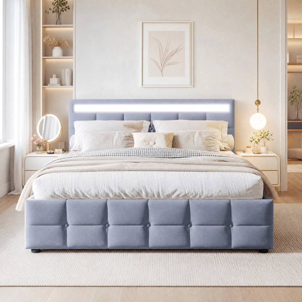 Letto matrimoniale imbottito 180x200 cm con LED; contenitore idraulico; velluto olandese grigio
