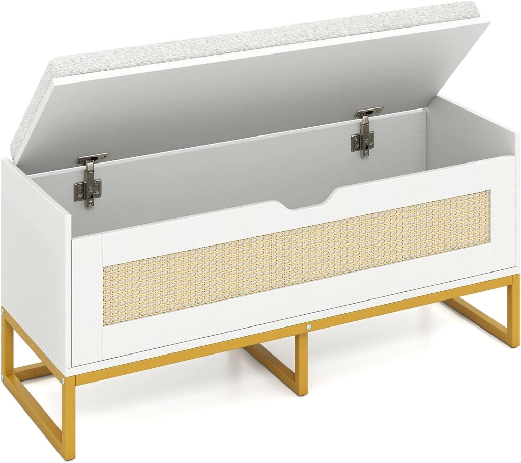 71L Panca Scarpe con Seduta Imbottita, Cassa Portaoggetti in Rattan con Coperchio Ribaltabile, Panchina da Ingresso con Spazio Nascosto, 100x35x44 cm (Bianco)
