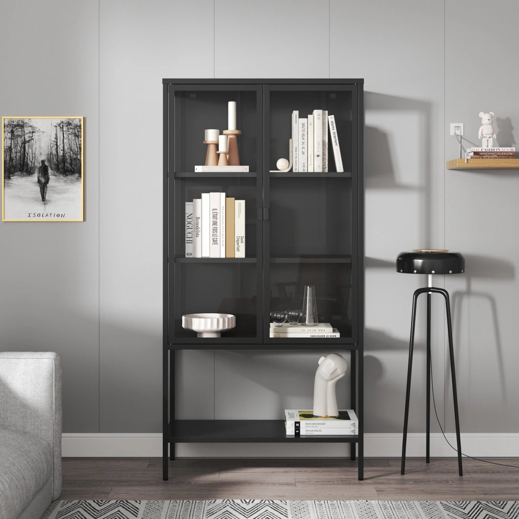 Mobile Vetrina Borshavisa in Acciaio e Vetro Temperato Libreria Credenza 160x80x35 cm Nero [en.casa]