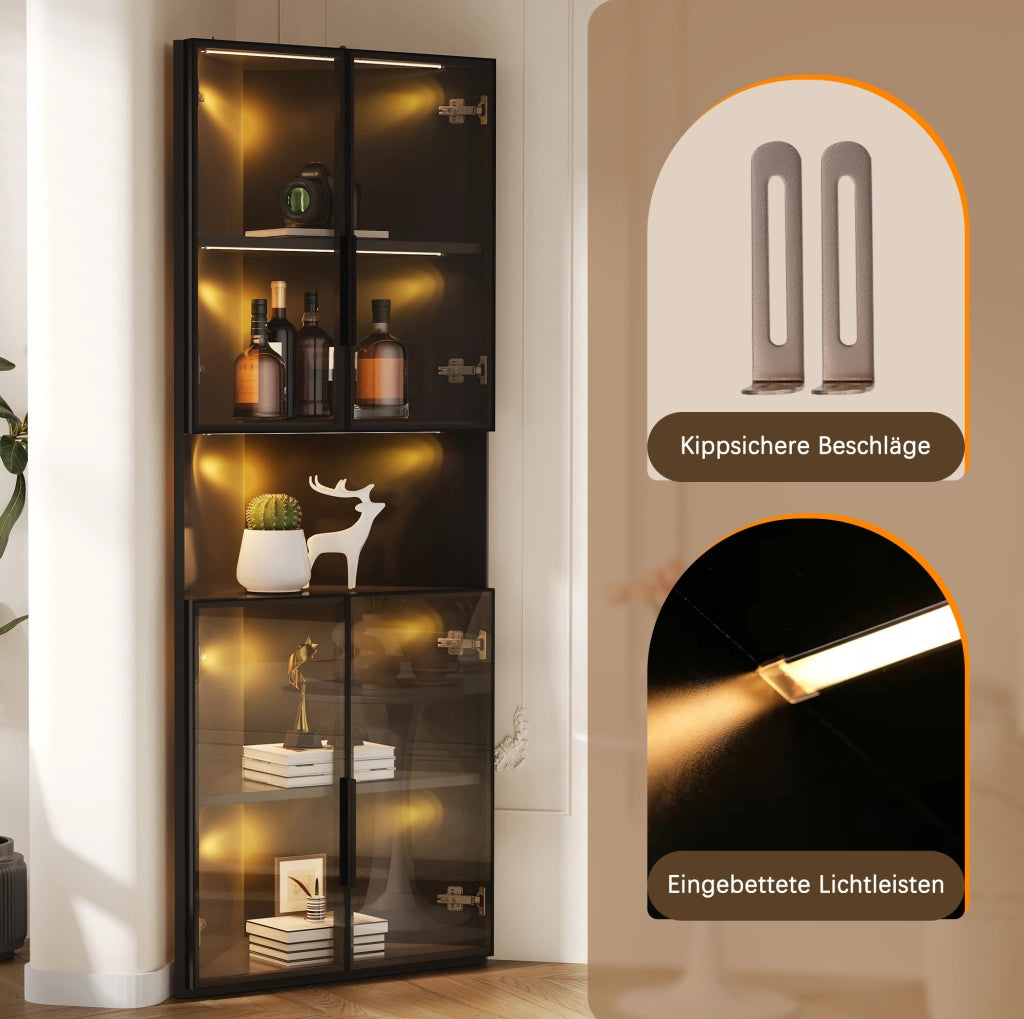 Vetrina angolare triangolare 62x32x160 cm in MDF nero con frontali in vetro e LED