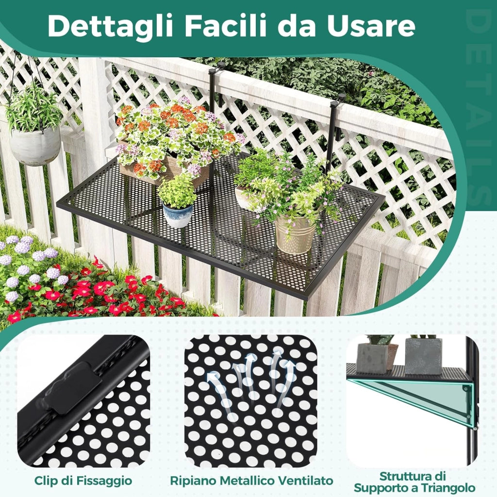 Tavolino da Balcone, Tavolino Sospeso Pieghevole con Struttura in Metallo, Tavolo Salvaspazio da Ringhiera per Patio e Terrazzo, Portata 23 kg, 60,5 x 50,5 x 51 cm
