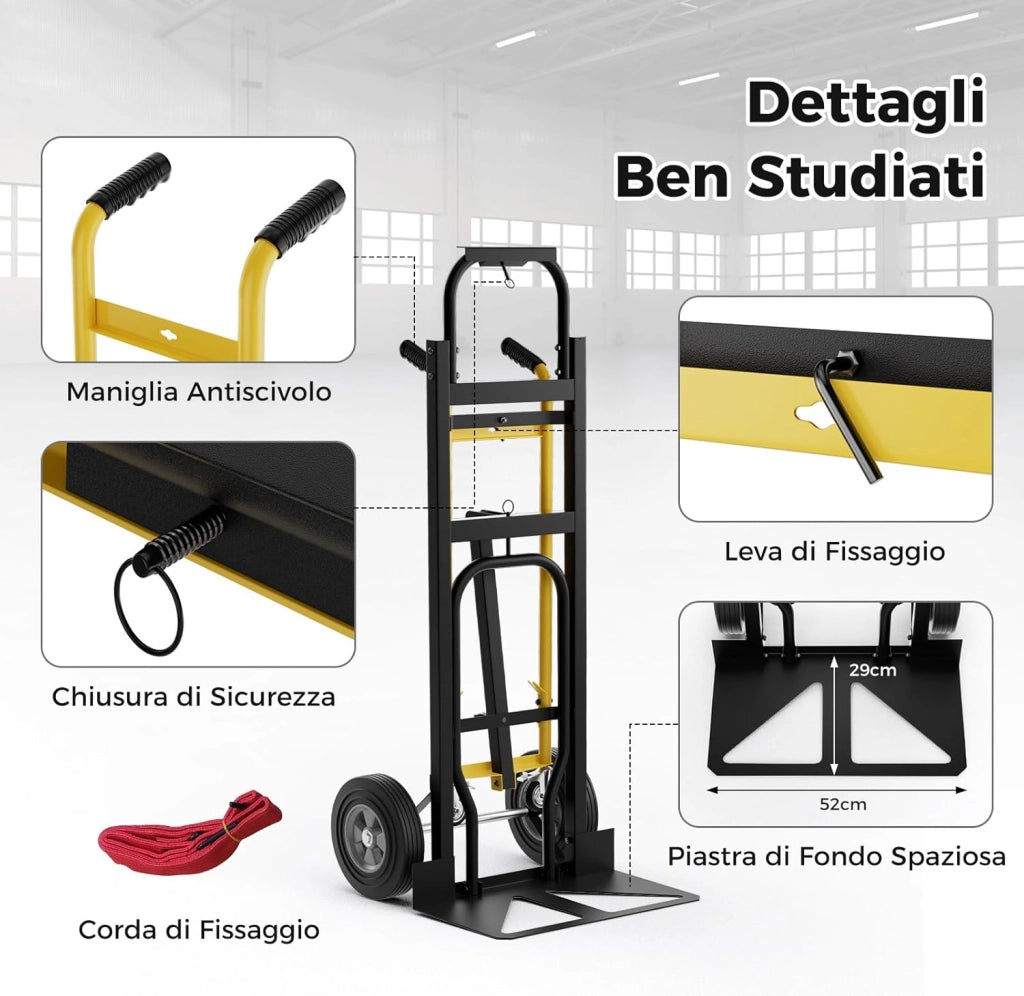 3 in 1 Carrello a Mano, Carrello Portapacchi con 4 Ruote in Gomma, Carrello Pieghevole per Trasporto e Spostamento in Magazzino, Casa, Portata Massima 450 kg (Nero)