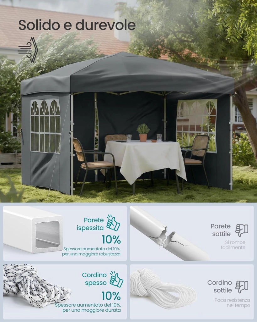 SONGMICS Gazebo, Tendone Pieghevole, Protezione Solare, Resistente alla Pioggia Leggera, Portatile, con Pareti Laterali, per Cortile, Giardino, Mercato, 3 x 3 m, Grigio Scuro GCT104GZ01