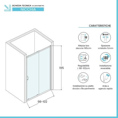 Porta doccia nicchia 100 cm nero opaco con vetro scorrevole Tay
