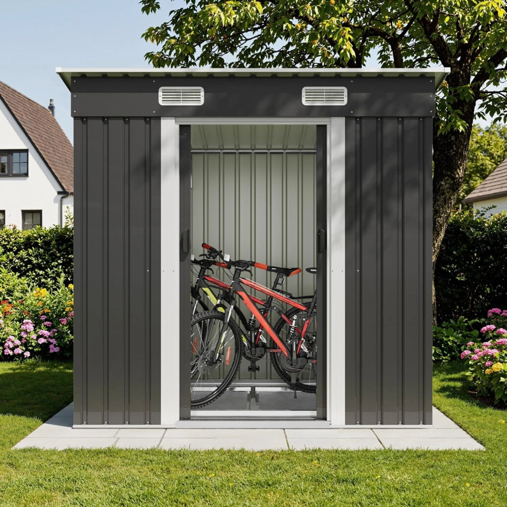 Capanno per attrezzi Devoko in metallo 183x109x182 cm con basamento, capanno da 3,6 m³ con tetto a una falda e porta scorrevole, capanno da giardino per biciclette, terrazza, prato, antracite