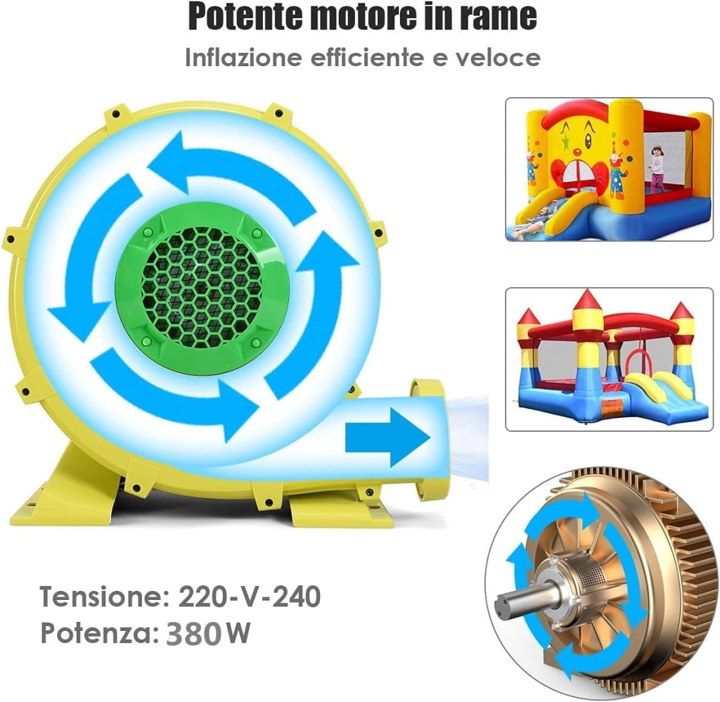 Ventilatore di Aria del Castello Gonfiabile, Soffiatore per Giochi Gonfiabili con Cavo di Alimentazione, per Castello Gonfiabile, Scivolo Acquatico e Giochi Gonfiabili (380W)