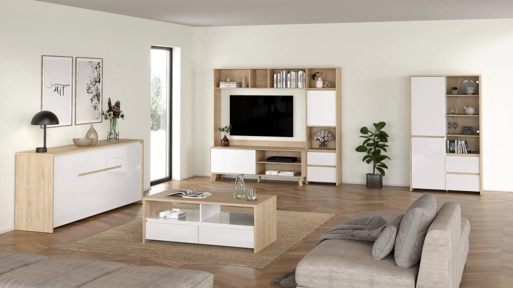 Mobile porta TV Calabria, Credenza da soggiorno, Armadio basso per TV, Base parete attrezzata, 209x48 h183 cm, Rovere e Bianco lucido