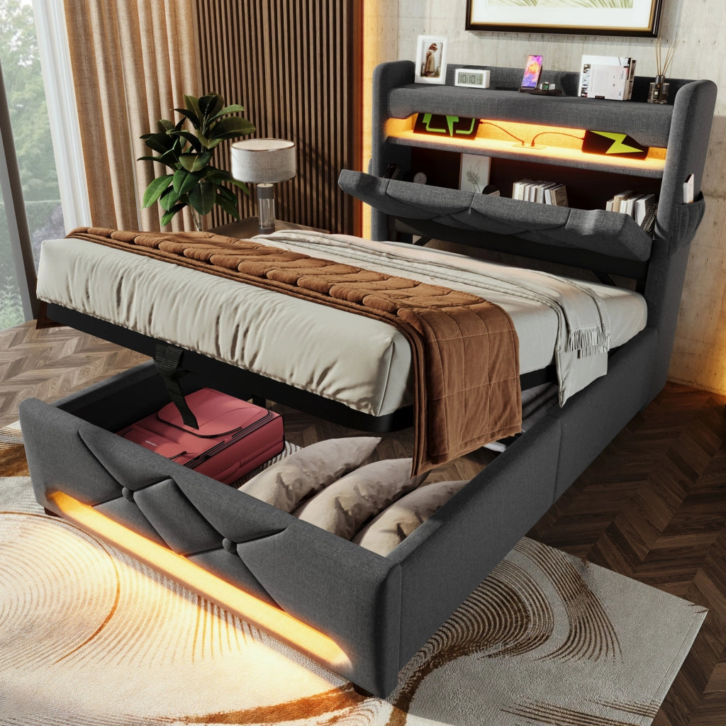 Letto singolo contenitore 90x200 cm con LED; USB e USB C; tessuto in lino grigio