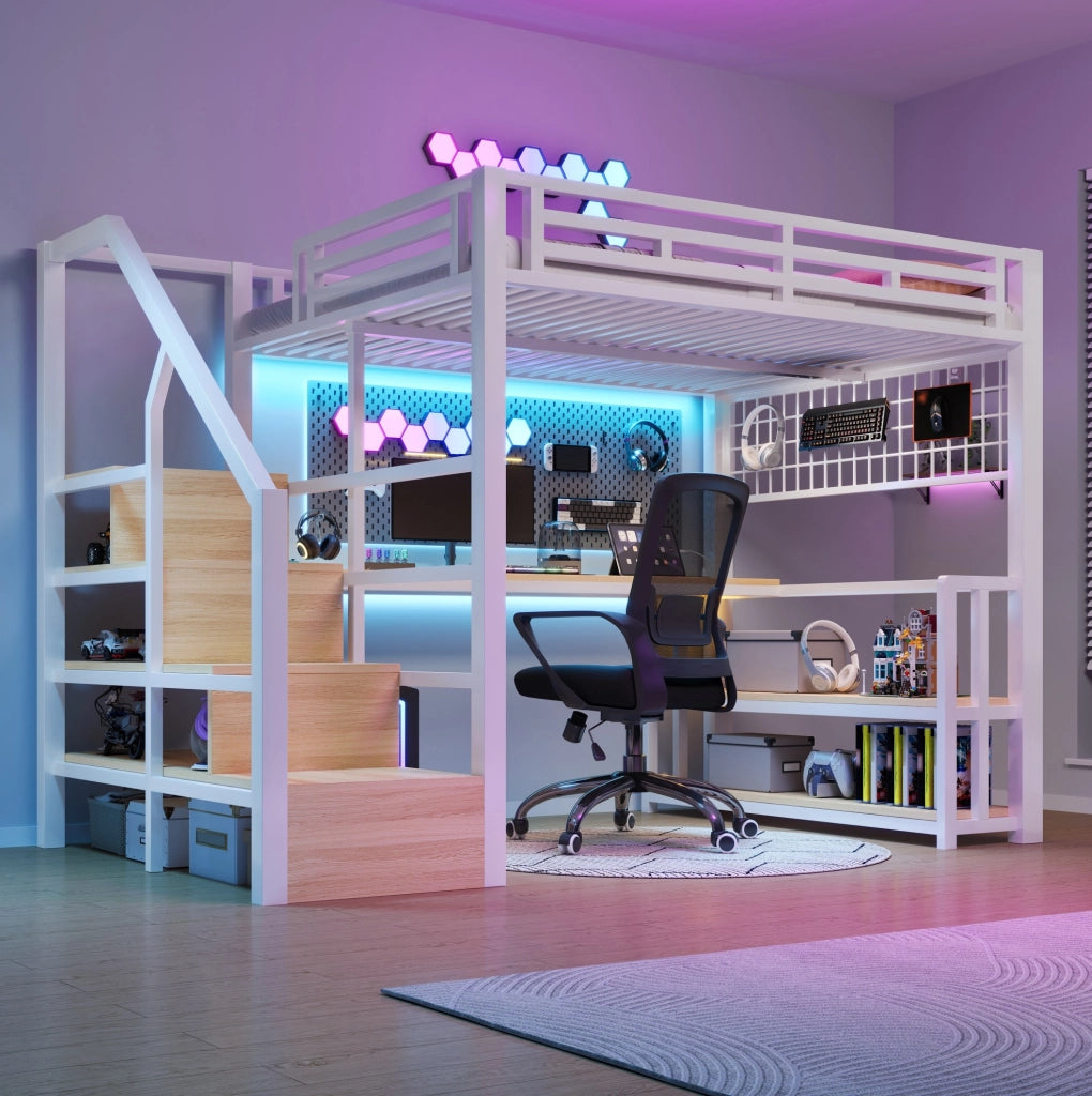 Letto a soppalco 140x200 cm con scrivania; LED e prese USB in metallo e MDF bianco