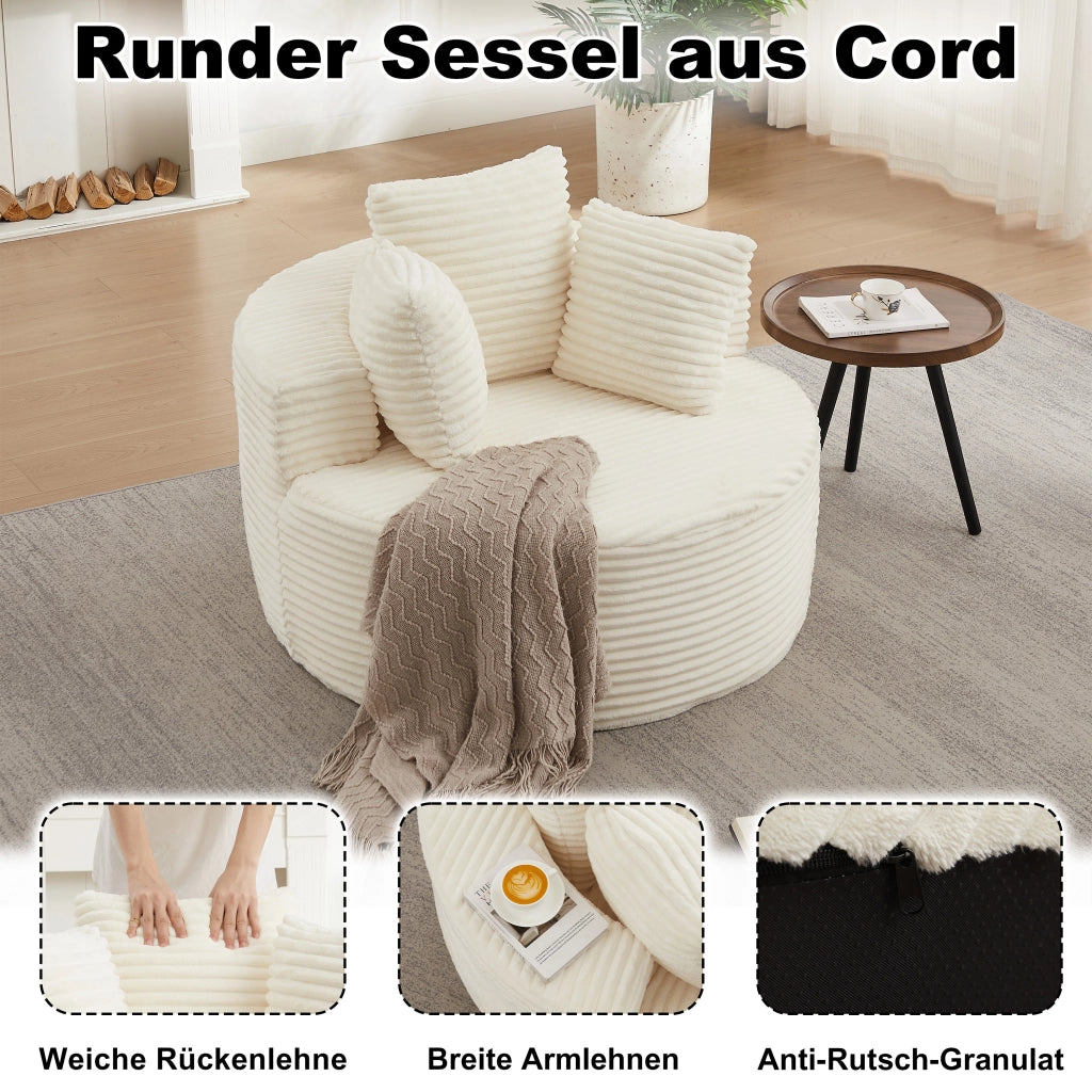 Poltrona lounge rotonda con braccioli larghi e 3 cuscini in velluto a coste, schiuma e molle, beige