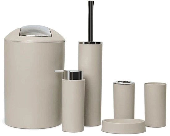 Accessori da bagno - Set di contenitori per bagnoschiuma - Flacone per bagnoschiuma - Supporto per spazzola da denti - Supporto per spazzola da denti - Tazza da dentifricio - Scatola per sapone - Spazzola per il water - Cassetto per rifiuti - Beige