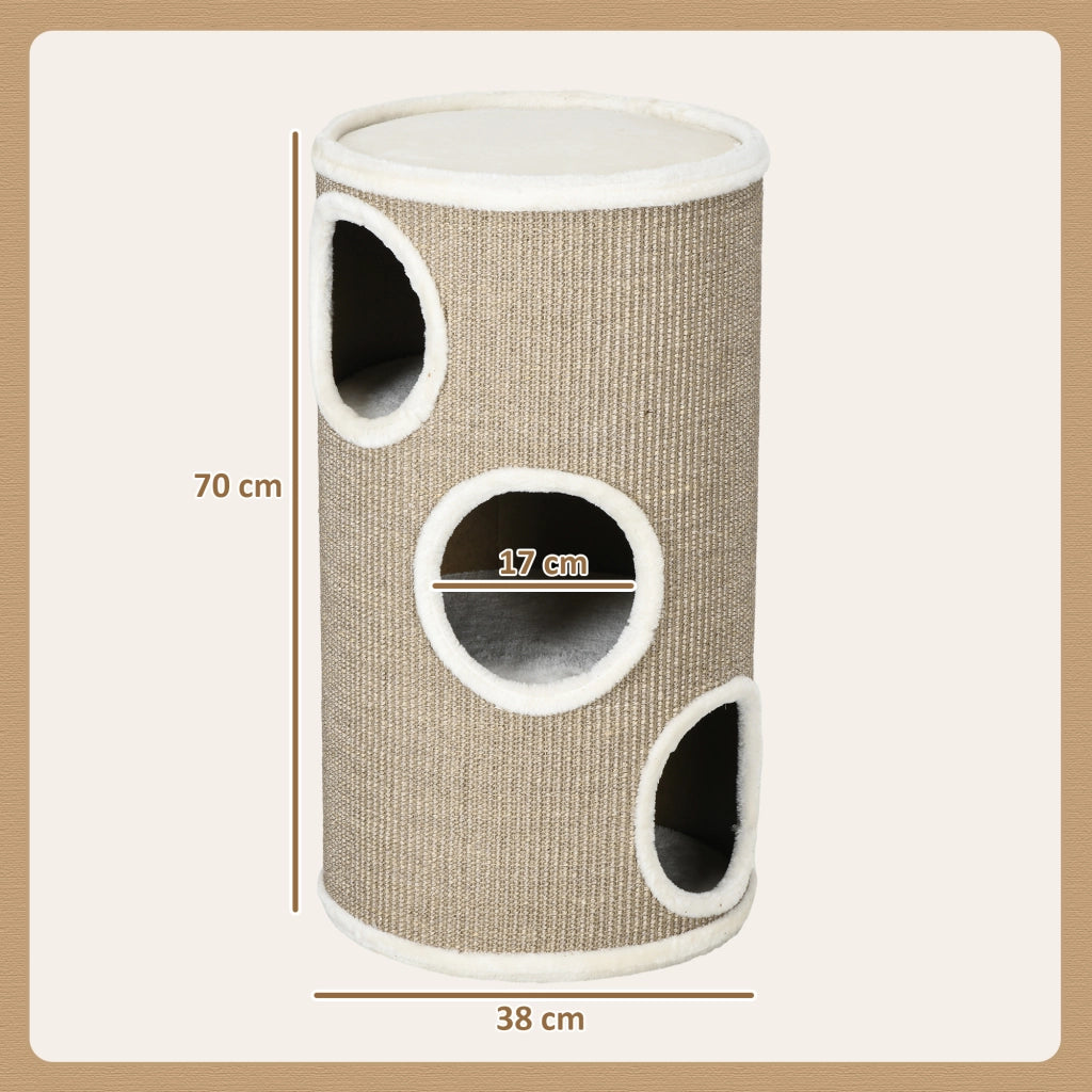 Cuccia per Gatti a 3 Livelli Ø38x70cm con Tiragraffi in Sisal e Peluche Marrone