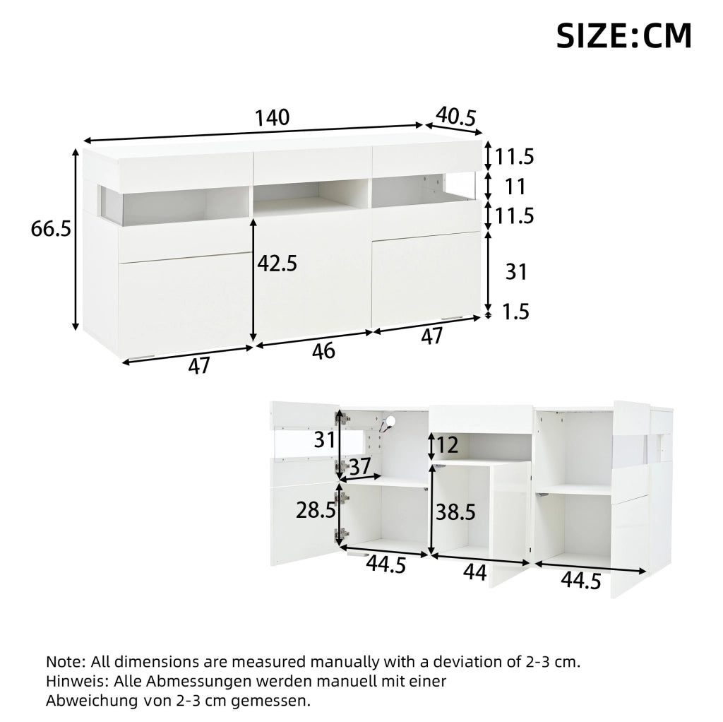 Credenza bianca lucida con LED e 3 ante, 140 cm