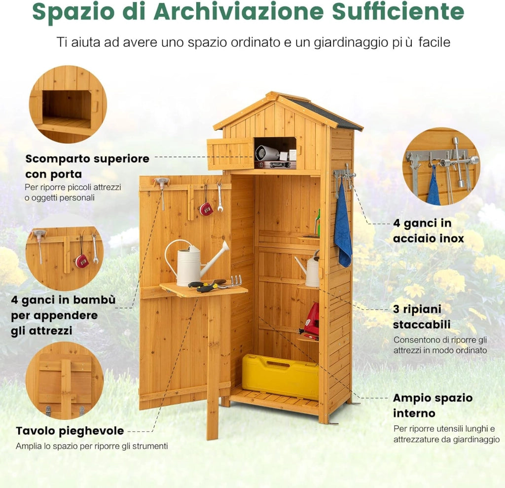 Armadio da Esterno in Legno, Capanno da Giardino con Serratura, Tavolo Pieghevole, Tetto Impermeabile, Ganci, Ripiani Rimovibili e 4 Staffe Metalliche, per Patio, Giardino e Cortile (Legno)