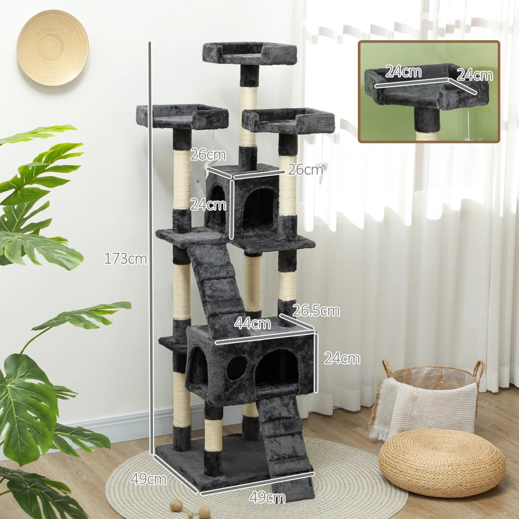 Albero Tiragraffi per Gatti con Casette e Posatoi ¨C Zephmum ¨C Legno e Peluche Grigio 49x49x173 cm