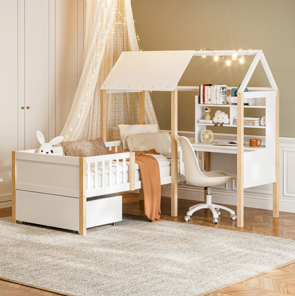 Letto a soppalco 90x200 cm con scrivania; libreria e cassetti in legno bianco